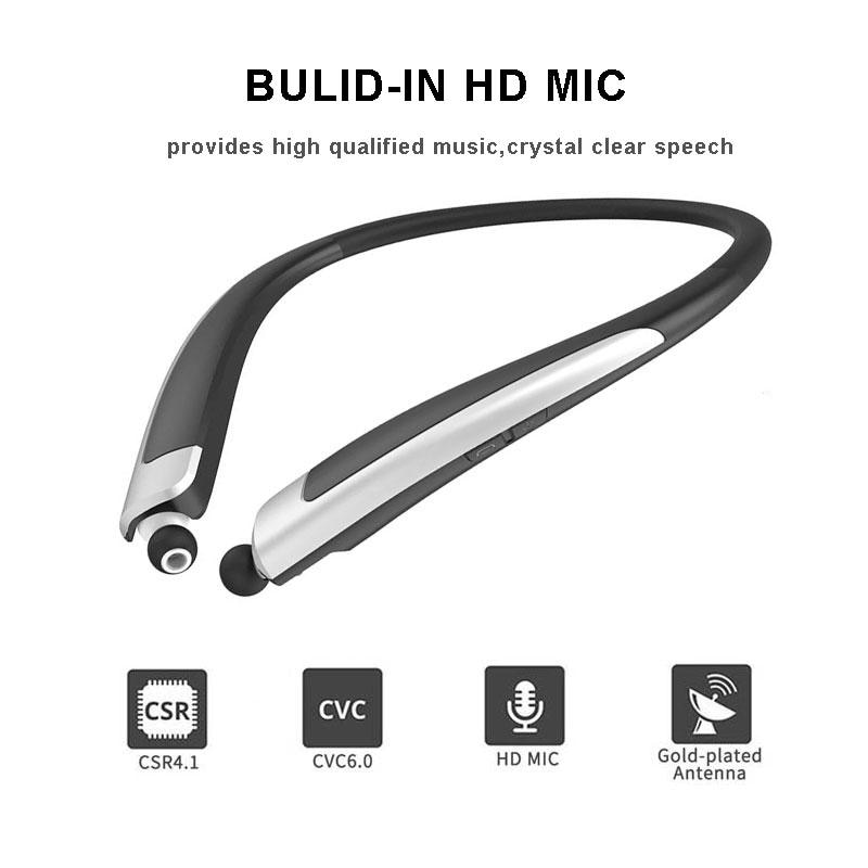 HBS-1100 스포츠 스테레오 블루투스, LG 목 장착형 CSR 4.1 HD 음질, 방수 소음 차단 스포츠 이어폰